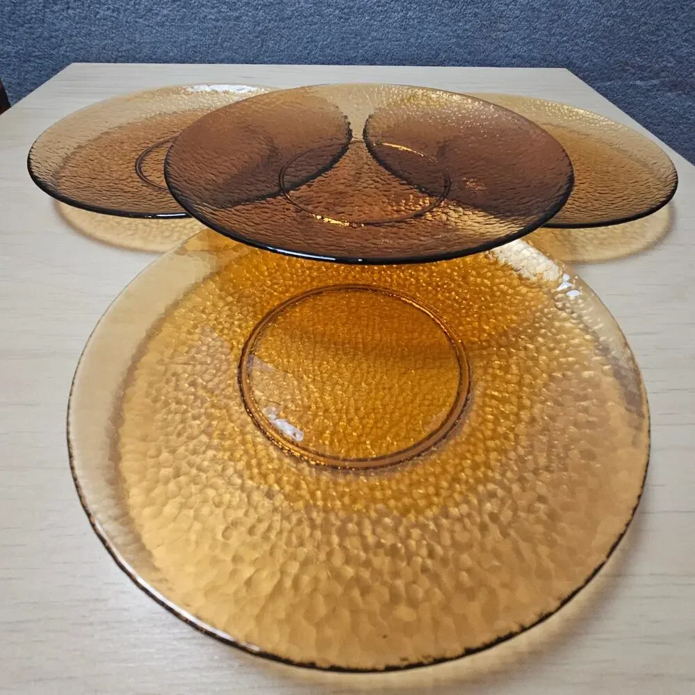 Set of 4 Vintage Amber Glass Salad Plates MCM Pebbled Textured Lunch 8.25